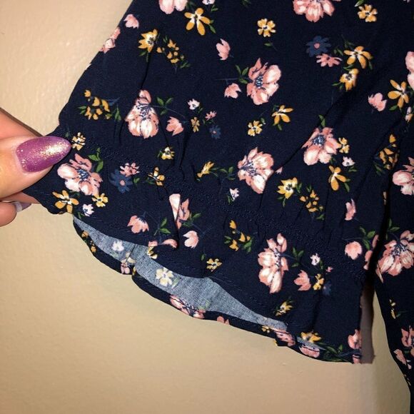 Dip Navy with Pink Floral Print Ruffle Sleeve Shift T-Shirt Dress Size Medium - Picture 8 of 9
